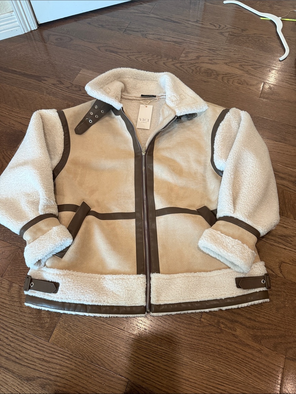 Vici Cream Sherpa Jacket with Brown Trim